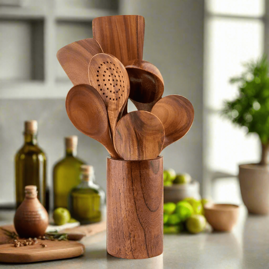 Wooden Cooking Utensils Set With Holder (7Pcs)